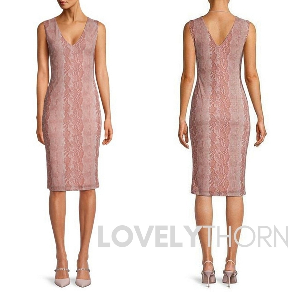 AFRM // ltd ed ariana mesh pinky-nude python sleeveless plunge silhouette dress